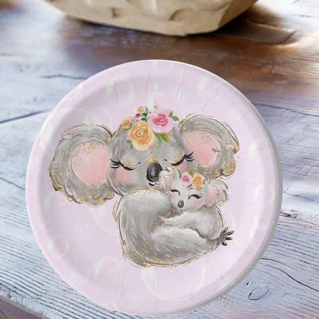 Assiettes En Carton Aquarelle douce fille Koala Baby shower rose (Créateur téléchargé)