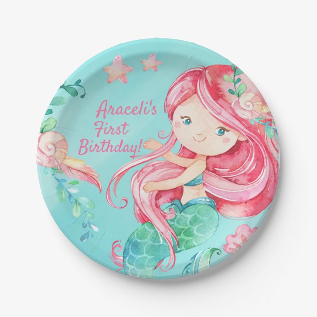 Assiettes En Carton Aquarelle douce sous mer Sirène fille Anniversaire (Devant)