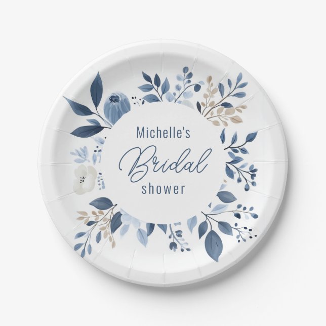 Assiettes En Carton Aquarelle Dusty Blue Floral Boho Fête des mariées (Devant)