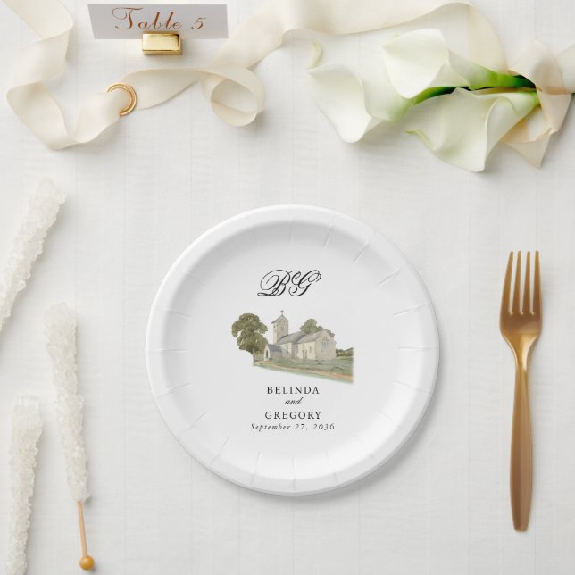 Assiettes En Carton Aquarelle Eglise traditionnelle Monogramme Mariage (Mariage)