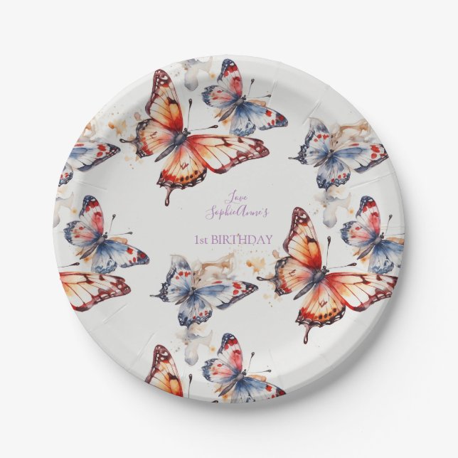 Assiettes En Carton Aquarelle élégante Papillons joués personnalisés (Devant)