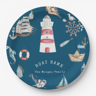 Assiettes En Carton Aquarelle Eléments marins Bleu