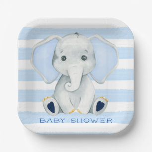 Assiettes En Carton Aquarelle Elephant Avec Baby shower Bleu Stripes