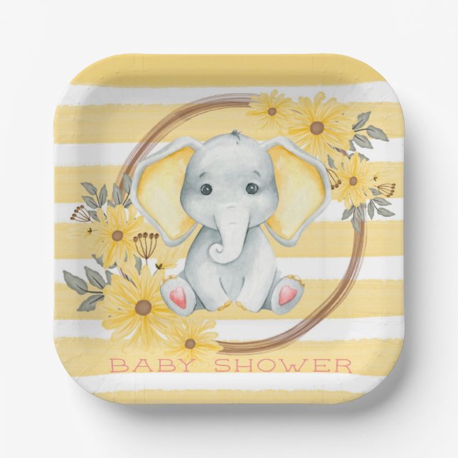 Assiettes En Carton Aquarelle Elephant Avec Baby shower Jaune (Recto)