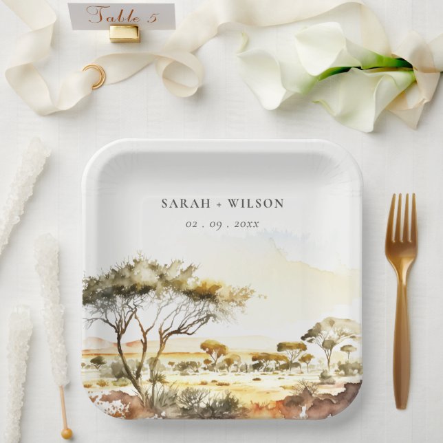 Assiettes En Carton Aquarelle en terre bouillie Mariage paysager afric (Mariage)