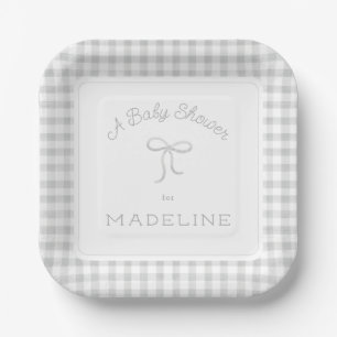 Assiettes En Carton Aquarelle En vichy Baby shower gris