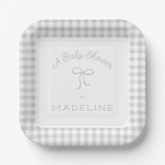 Assiettes En Carton Aquarelle En vichy Baby shower gris (Recto)