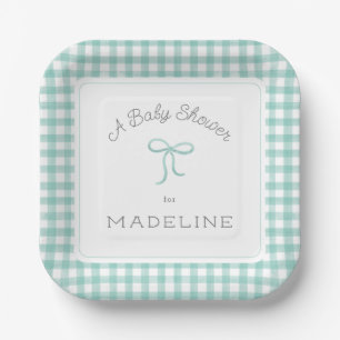 Assiettes En Carton Aquarelle En vichy Baby shower vert menthe