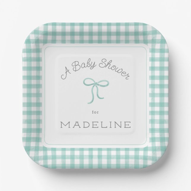 Assiettes En Carton Aquarelle En vichy Baby shower vert menthe (Recto)