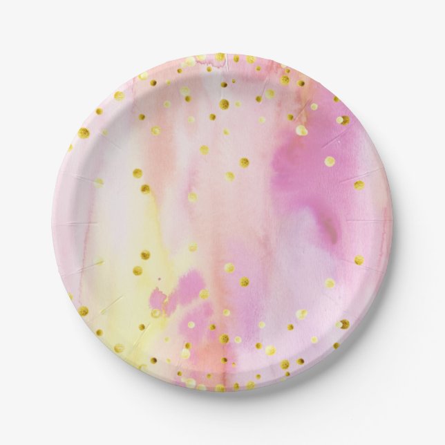 Assiettes En Carton Aquarelle et or Confetti Plaques roses (Devant)