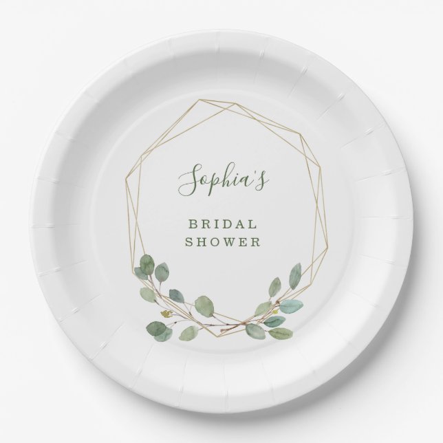Assiettes En Carton Aquarelle Eucalyptus Gold Fête des mariées géométr (Devant)