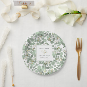 Assiettes En Carton Aquarelle Eucalyptus Mariage de fleurs vertes