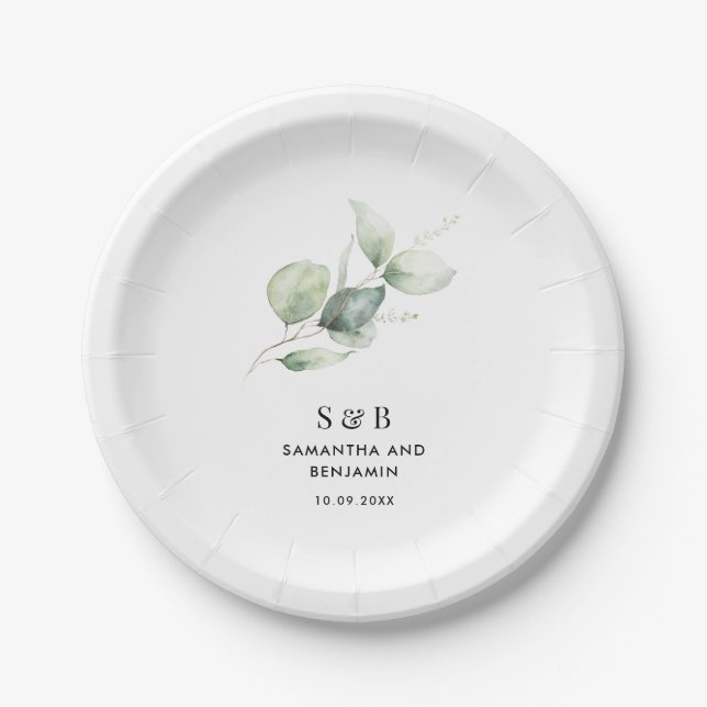 Assiettes En Carton Aquarelle Eucalyptus Réception de mariage botaniqu (Devant)