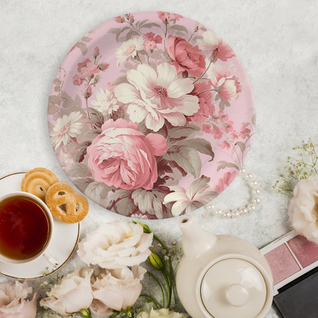Assiettes En Carton Aquarelle Ferme Roses roses et Cosmos blancs (Créateur téléchargé)