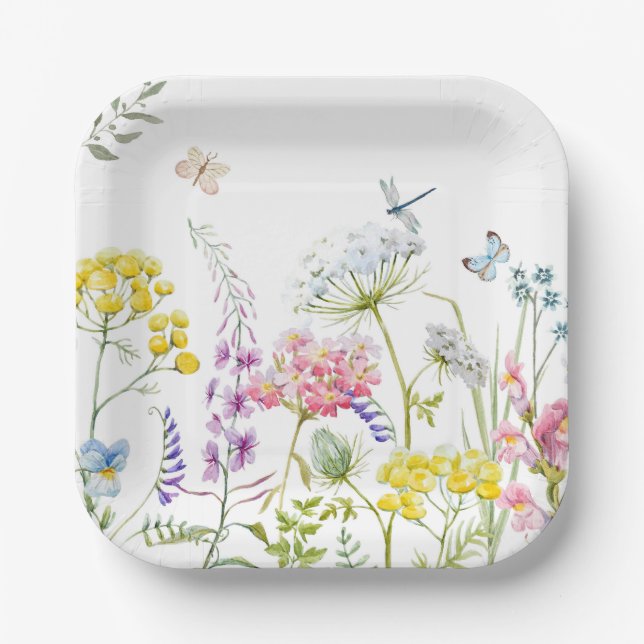 Assiettes En Carton Aquarelle Fleur sauvage prairie florale d'été (Recto)