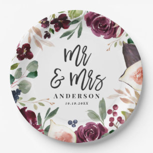 Assiettes En Carton Aquarelle fleurie + script jour de mariage Mr & Mr