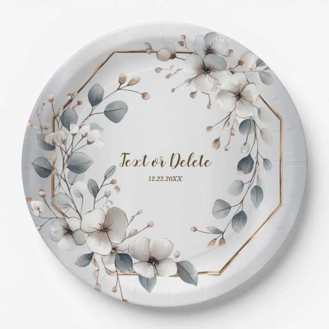 Assiettes En Carton Aquarelle Fleurs blanches Cadre doré Argent Turquo (Devant)