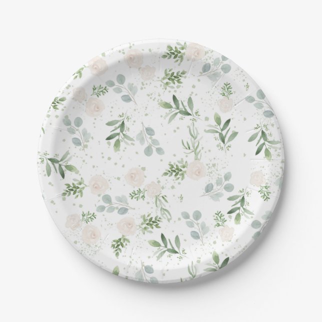 Assiettes En Carton Aquarelle Fleurs blanches et Feuilles d'Eucalyptus (Devant)