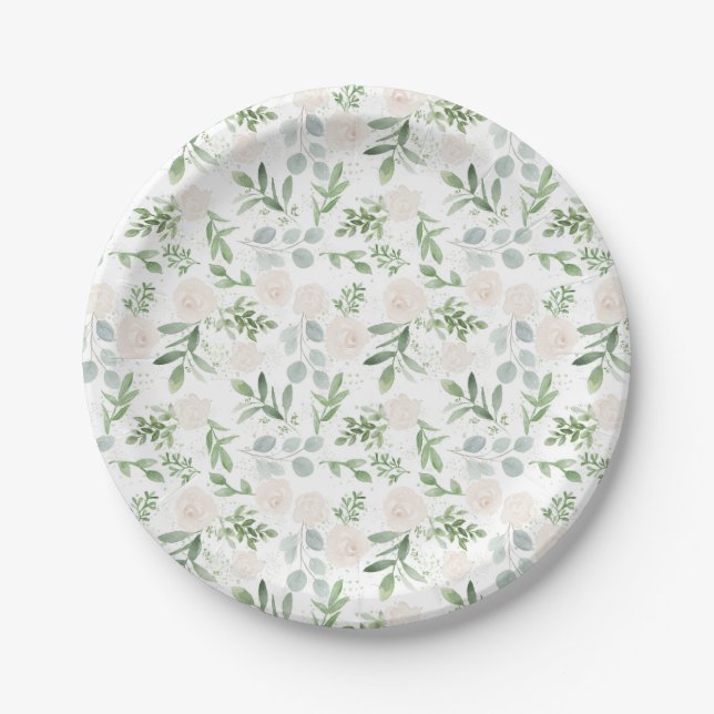 Assiettes En Carton Aquarelle Fleurs blanches et Feuilles verts (Devant)