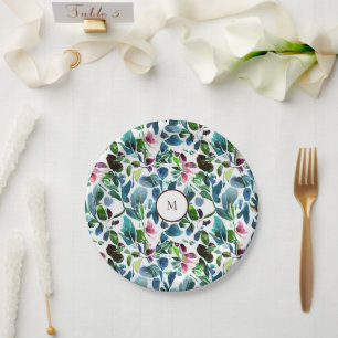 Assiettes En Carton Aquarelle fleurs botaniques élégant monogrammed