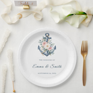 Assiettes En Carton Aquarelle Fleurs Naautiques Ancrage Mariage