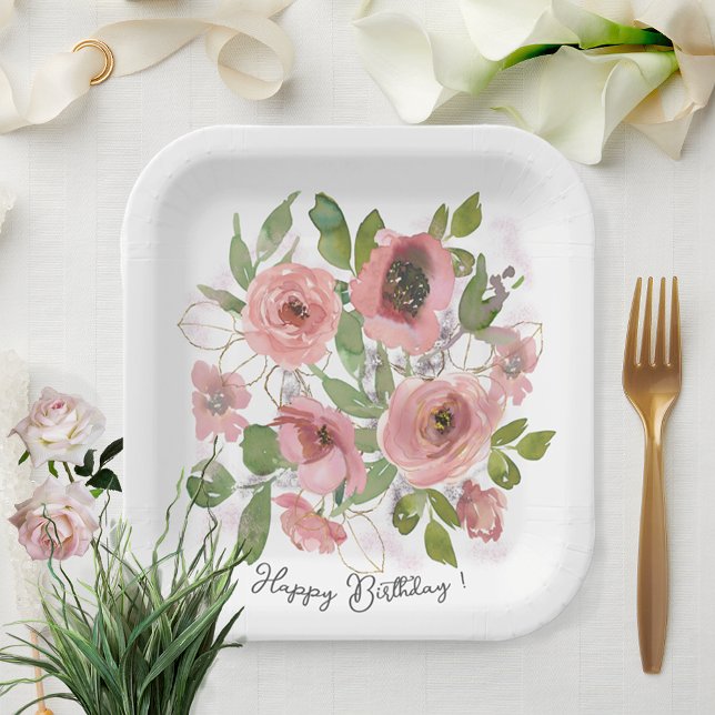 Assiettes En Carton Aquarelle Fleurs roses sur Blanc (Watercolor Pink flowers on White Paper Plates)