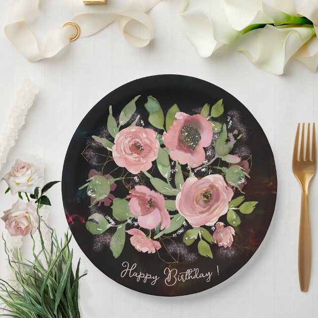 Assiettes En Carton Aquarelle Fleurs roses sur Noir (Watercolor Pink flowers on Black Paper Plates)
