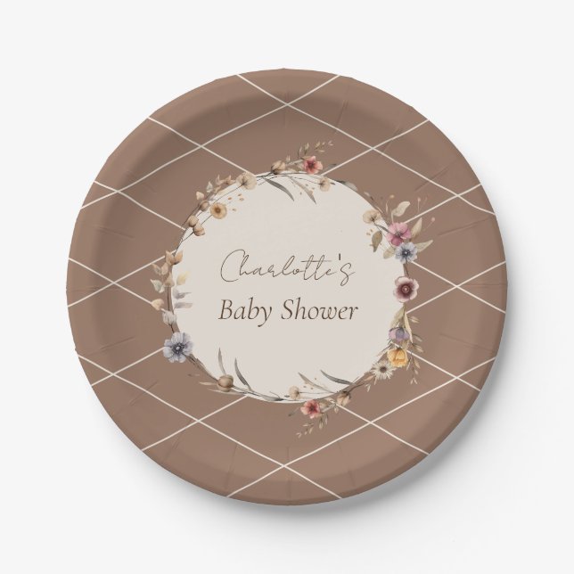 Assiettes En Carton Aquarelle Floral Baby shower beige (Devant)
