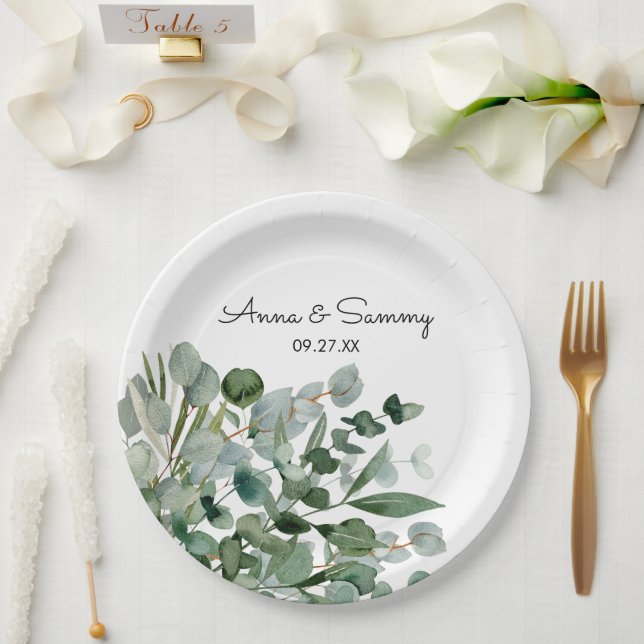 Assiettes En Carton Aquarelle Floral Eucalyptus Mariage (Mariage)