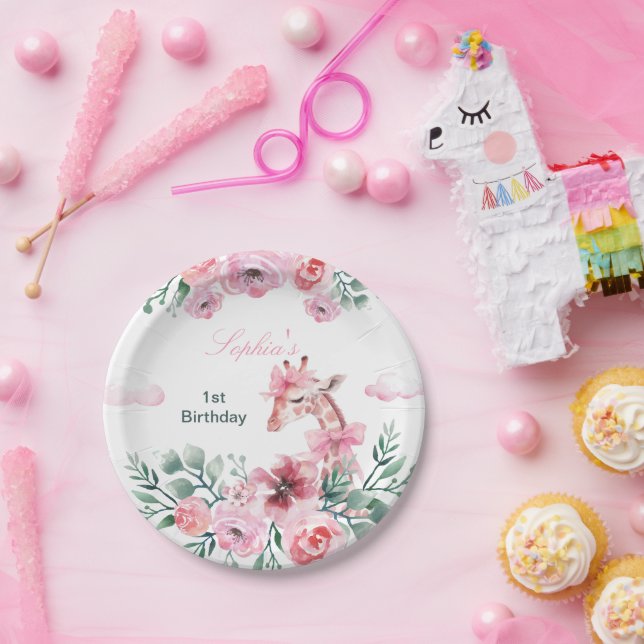 Assiettes En Carton Aquarelle Floral Giraffe Ribbon Girl Anniversaire (Fête)