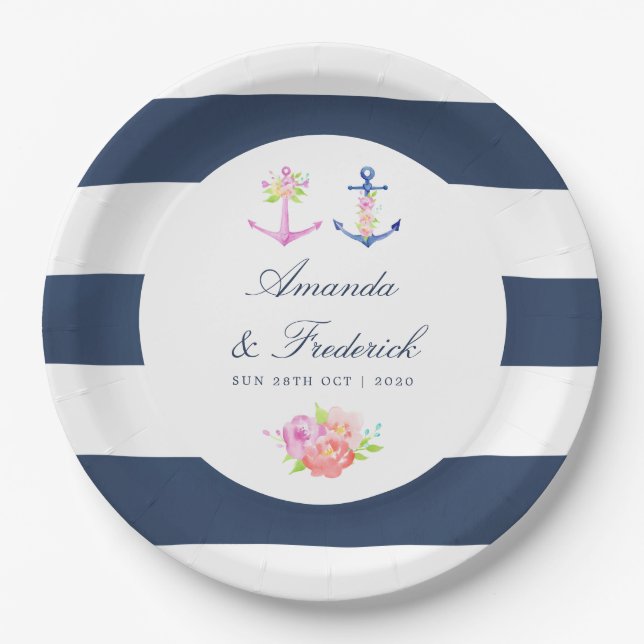 Assiettes En Carton Aquarelle Floral Mariage nautique (Devant)