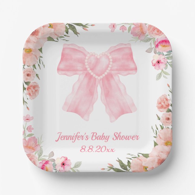Assiettes En Carton aquarelle floral rose arc fille baby shower modern (Recto)