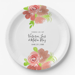 Assiettes En Carton Aquarelle Floral rose Beige Blush Mariage