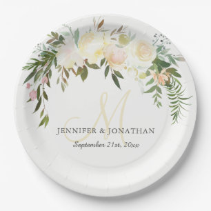 Assiettes En Carton Aquarelle Floral rose Beige Ivor Mariage