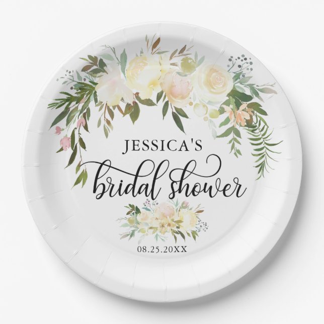 Assiettes En Carton Aquarelle Floral rose Beige Ivy Fête des mariées (Devant)