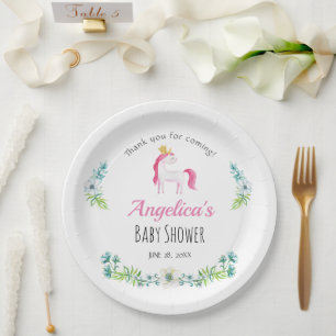 Assiettes En Carton Aquarelle Floral rose Unicorn Baby shower