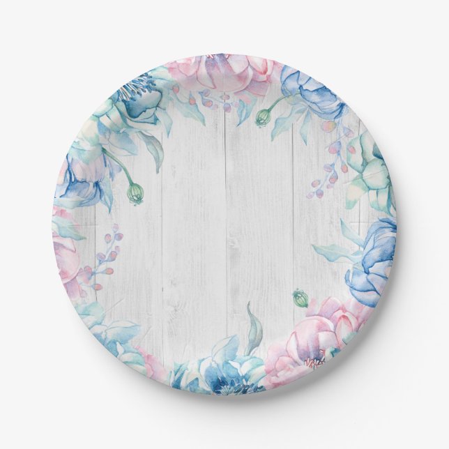 Assiettes En Carton Aquarelle Floral & Rustique Bois Ferme Anniversair (Devant)