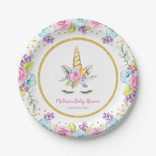 Assiettes En Carton Aquarelle Floral Unicorn Baby shower