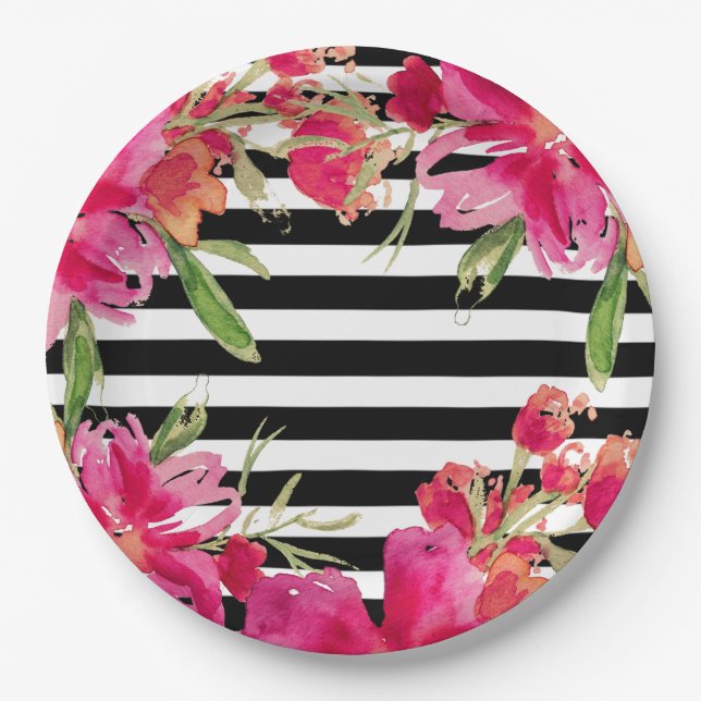 Assiettes En Carton Aquarelle Florale Bandes noires (Devant)