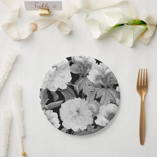 Assiettes En Carton Aquarelle florale Black & White Peonies (Mariage)