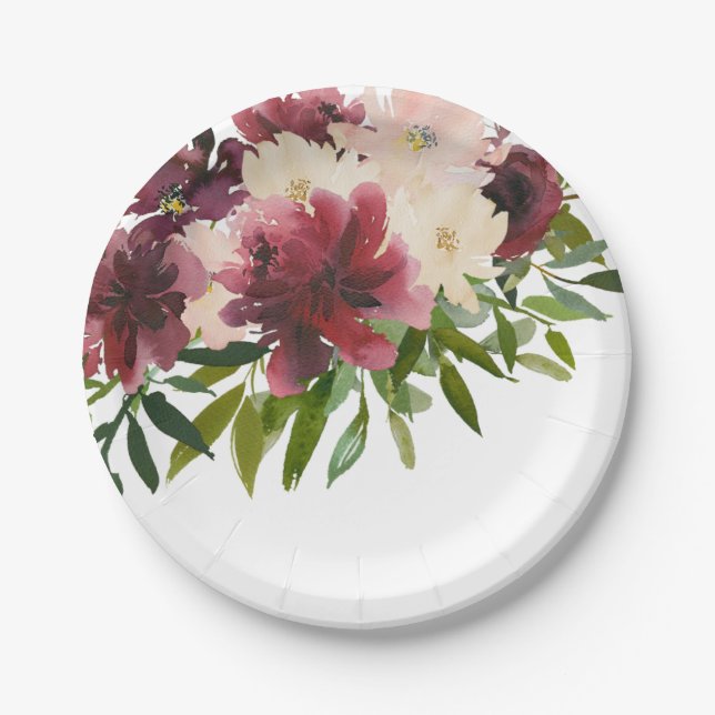Assiettes En Carton Aquarelle florale de Bourgogne (Devant)