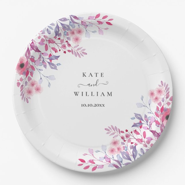 Assiettes En Carton Aquarelle Florale Fleur sauvage de pays pourpre (Devant)