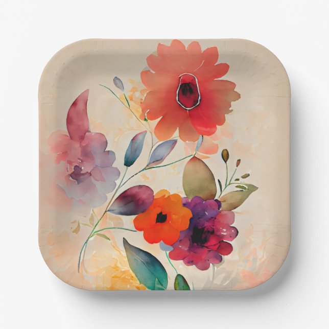 Assiettes En Carton Aquarelle florale Lavande orange Fleurs roses (Recto)
