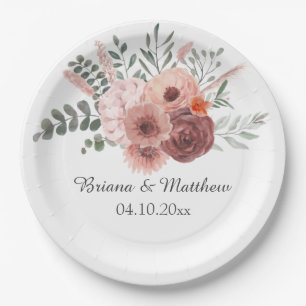 Assiettes En Carton Aquarelle Florale Mariage beige clair