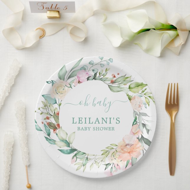 Assiettes En Carton Aquarelle florale Pastel Wreath Oh Baby (Mariage)