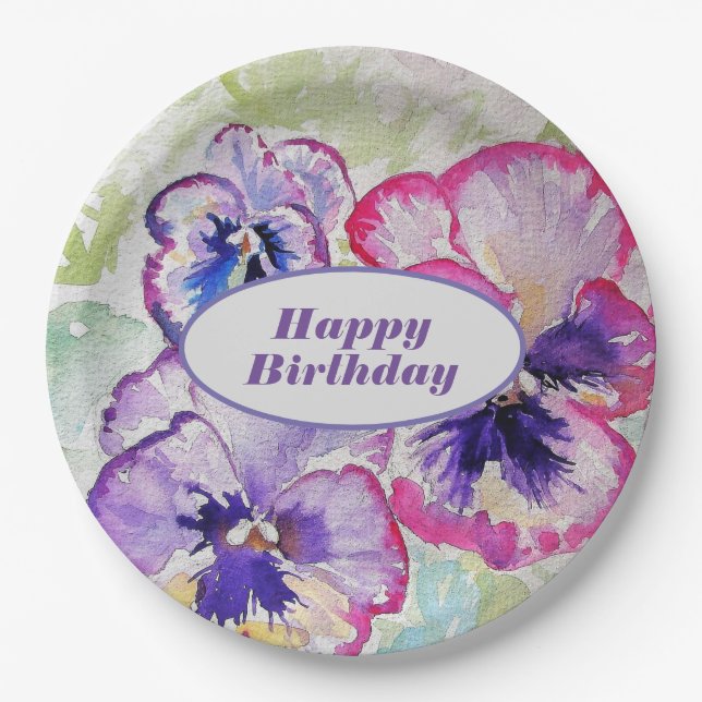 Assiettes En Carton Aquarelle florale violette Pansy rose (Devant)