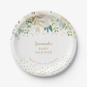 Assiettes En Carton Aquarelle Flore blanche + confetti d'or