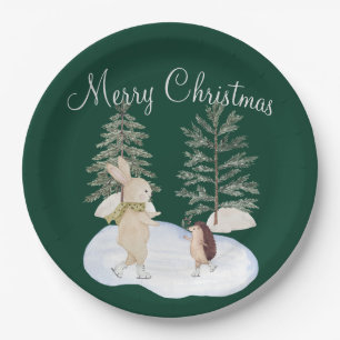 Assiettes En Carton Aquarelle Forêt de patinage sur glace Animaux sur 