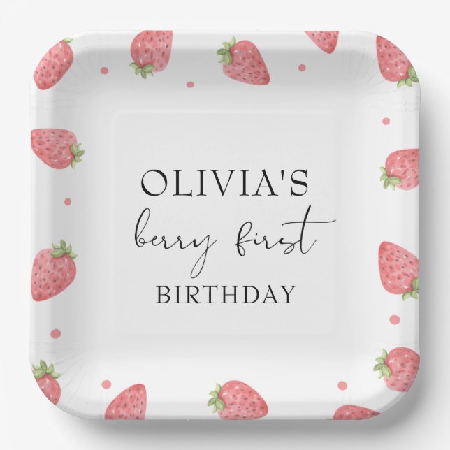 Assiettes En Carton Aquarelle fraise 1er anniversaire fête Berry (Recto)