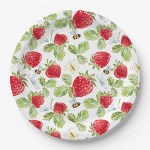 Assiettes En Carton Aquarelle Fruit fraise, abeilles et papillons